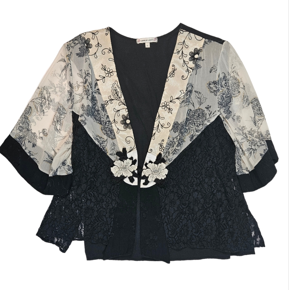 Vintage Spencer Alexis Black White Floral Lace Mixed Media Kimono Jacket Size XL - Picture 8 of 16